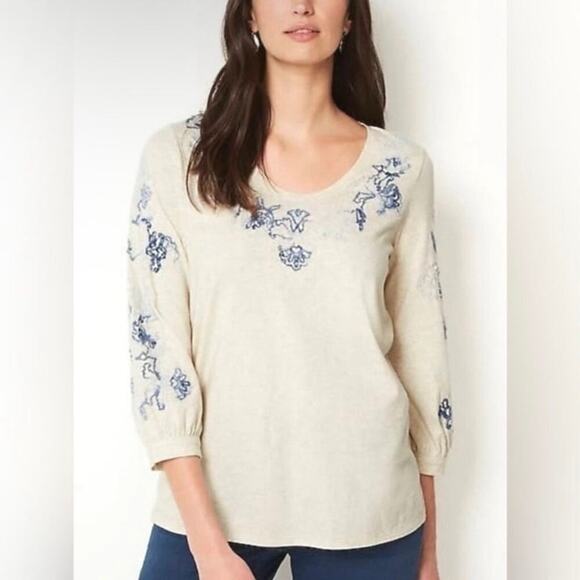 J. Jill PureJill Embroidered Jersey Top Cream Blue Puff Sleeve Peasant Blouse - Picture 1 of 16
